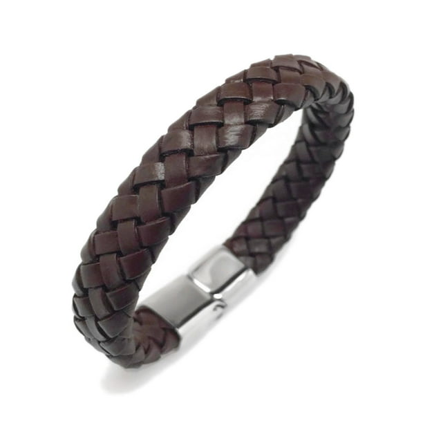 Mens Genuine Braided Leather Stainless Steel Link Bracelet Wide Cuff Bangle